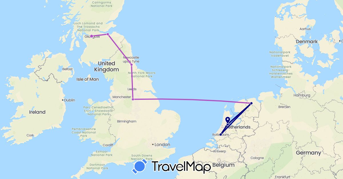 TravelMap itinerary: driving, train in United Kingdom, Netherlands (Europe)
